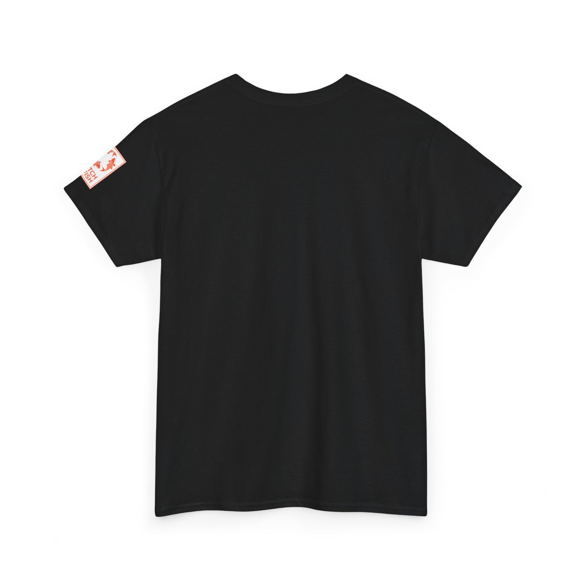 Back view of black t-shirt with Catch a Fish Logo on the left sleeve.