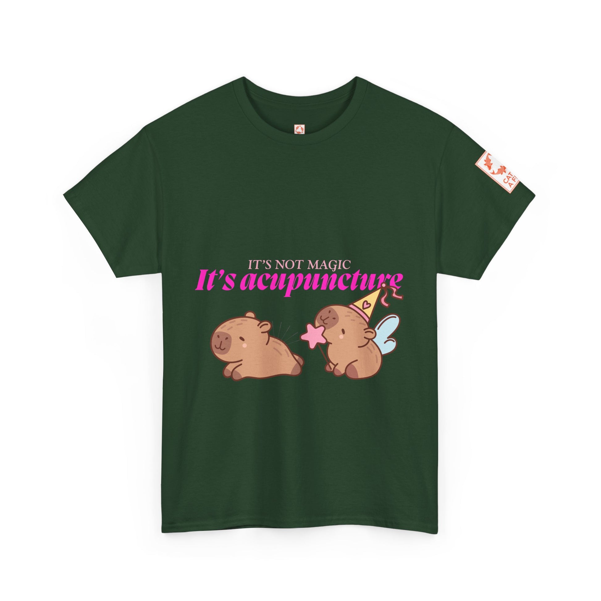 Green t-shirt with capybaras and text: It's Not Magic, It's Acupuncture