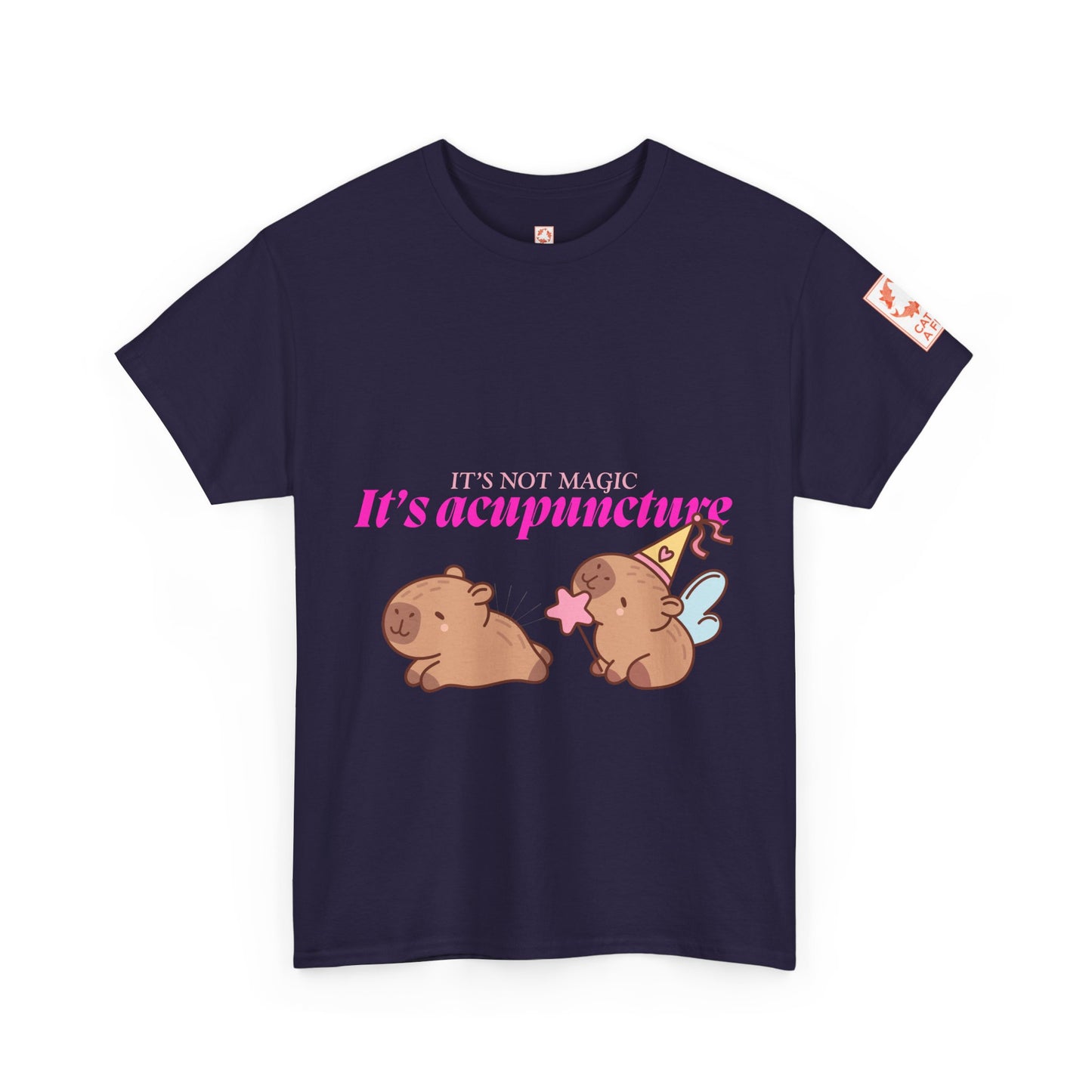 Dark purple t-shirt with capybaras and text: It's Not Magic, It's Acupuncture