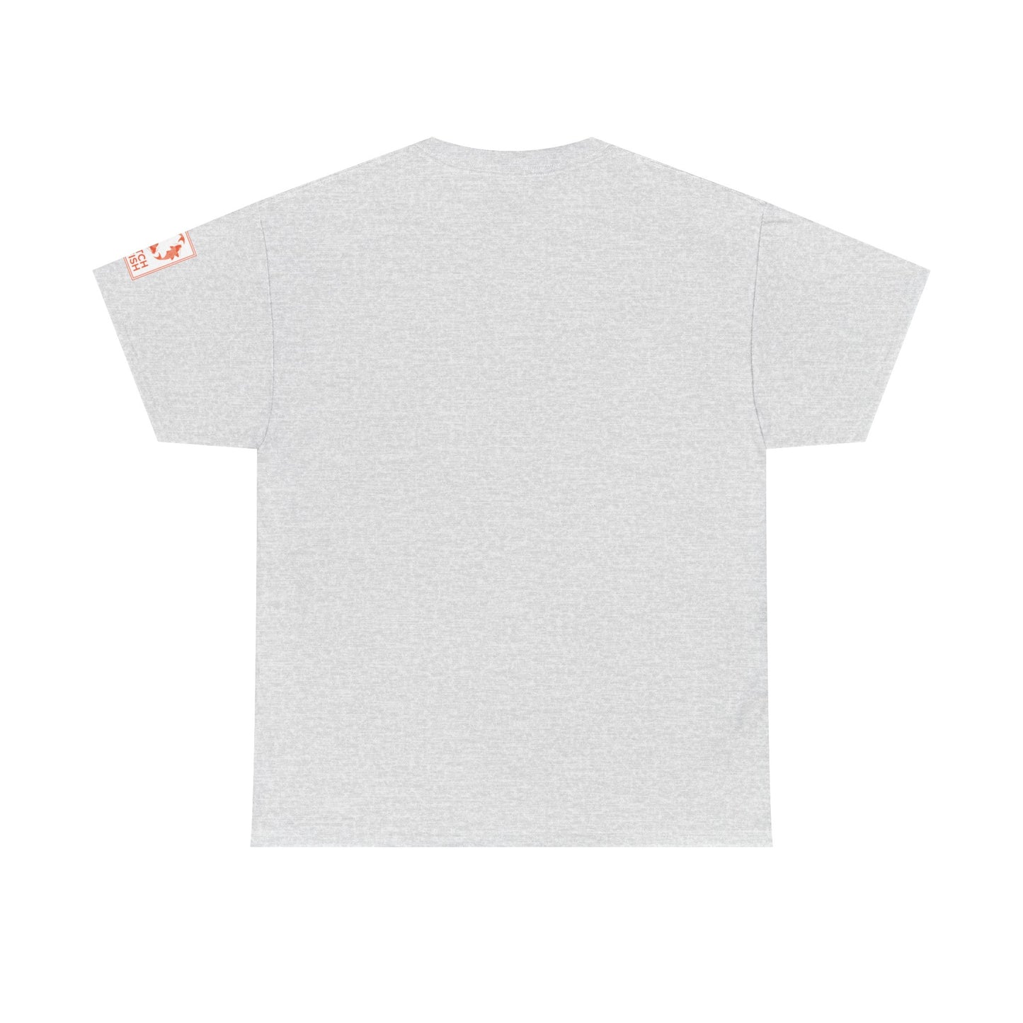 Back view of heather gray t-shirt with Catch a Fish Logo on the left sleeve.