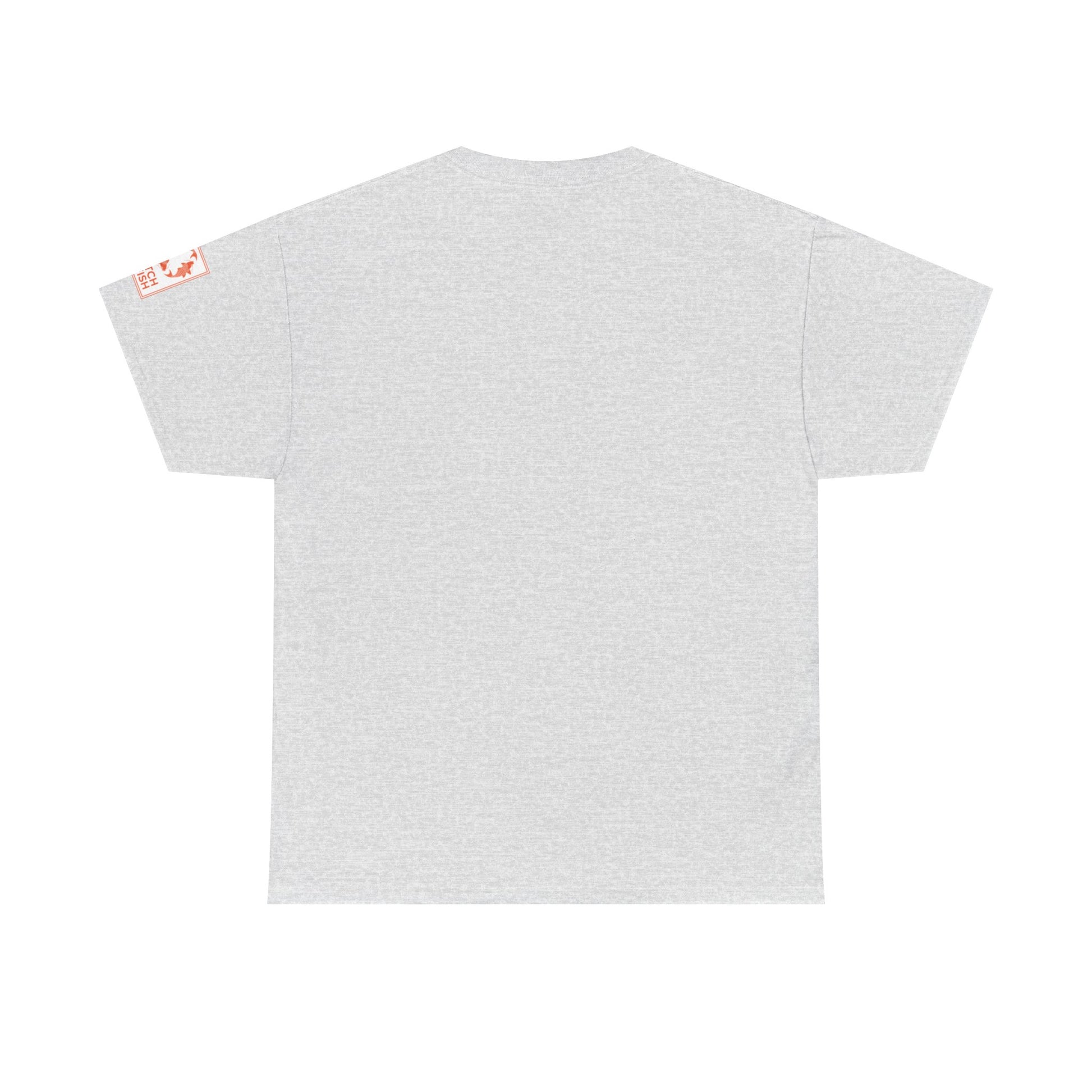 Back view of heather gray t-shirt with Catch a Fish Logo on the left sleeve.