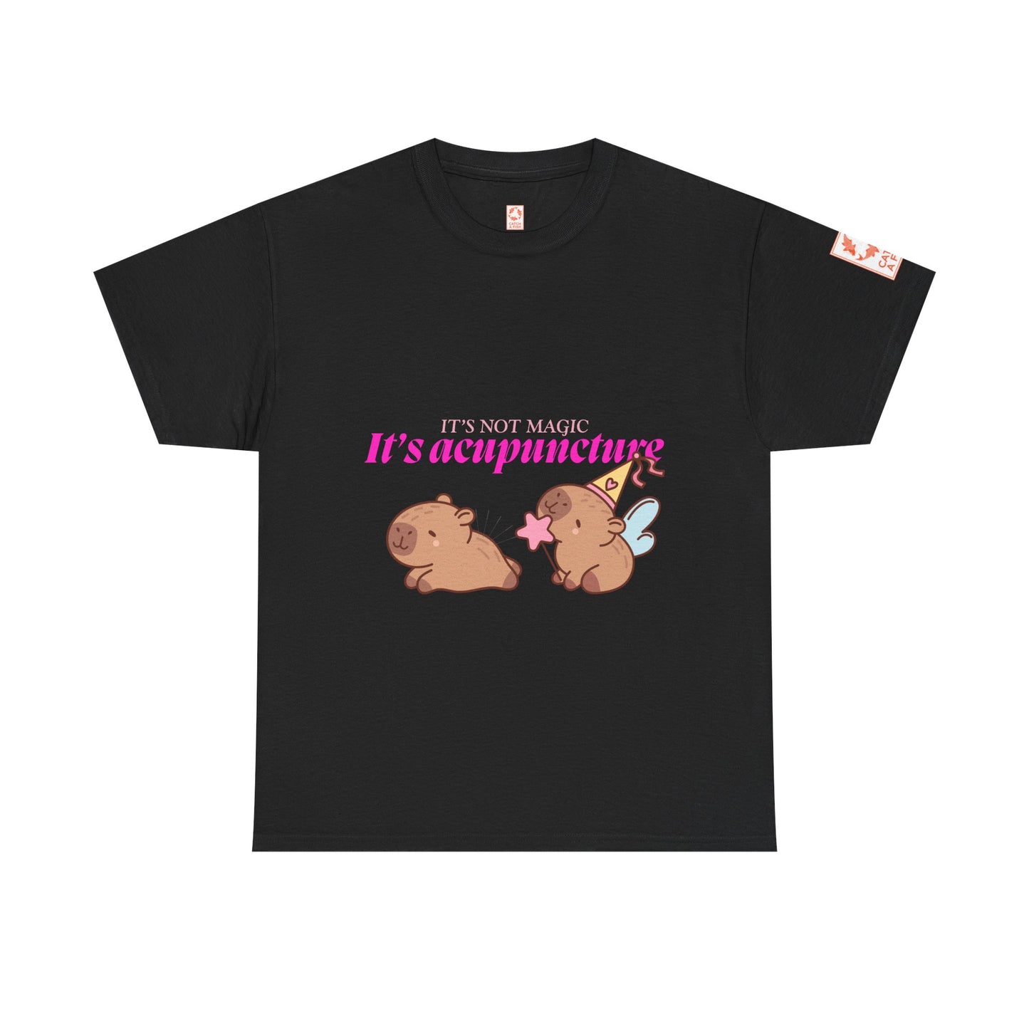 Black t-shirt with capybaras and text: It's Not Magic, It's Acupuncture