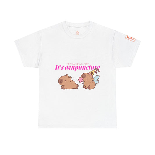 White t-shirt with capybaras and text: It's not magic, it's acupuncture